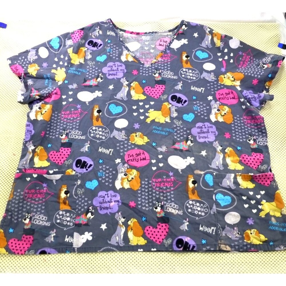 Disney Lady & The Tramp Scrub‎ Top 2XXL Cartoon Print Pockets Short Sleeve Gray